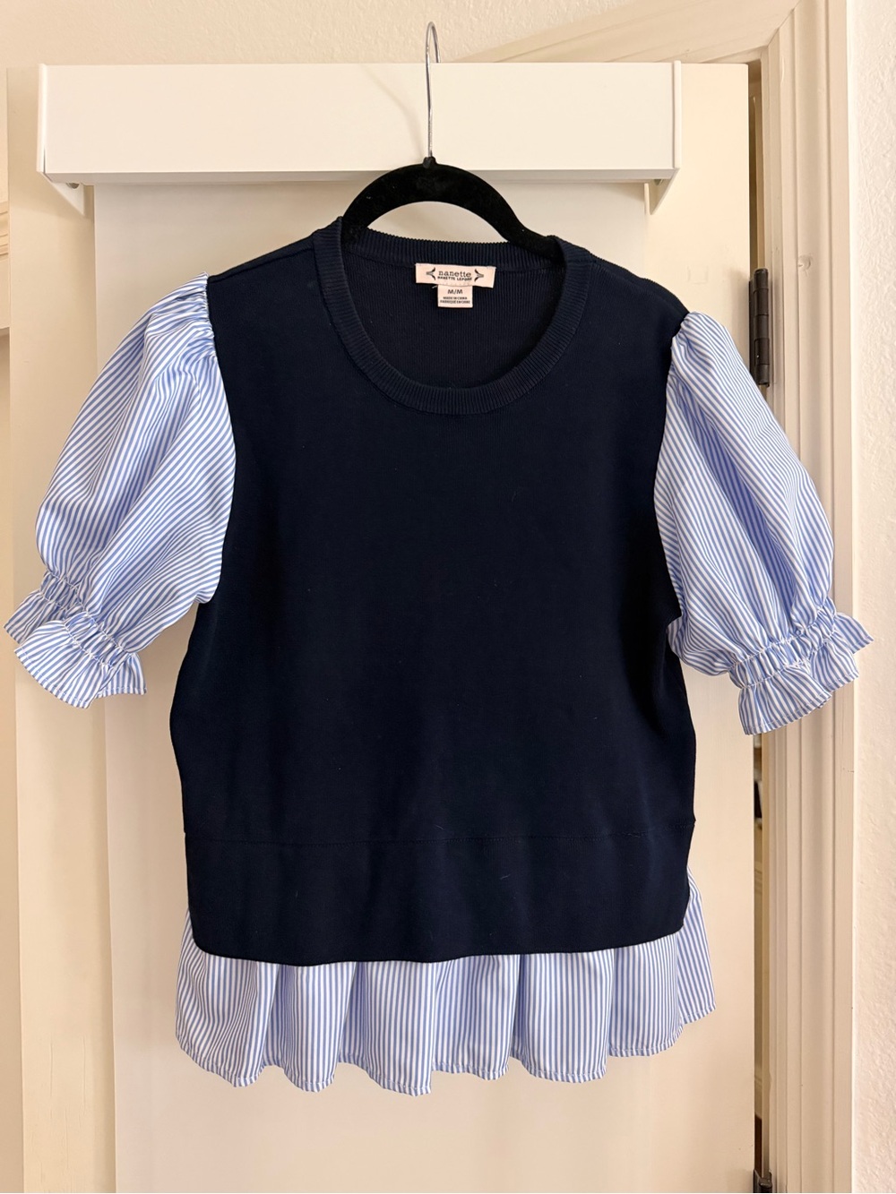 Nanette Lepore Navy Knit Bodice with Light Blue Striped Puff Sleeves